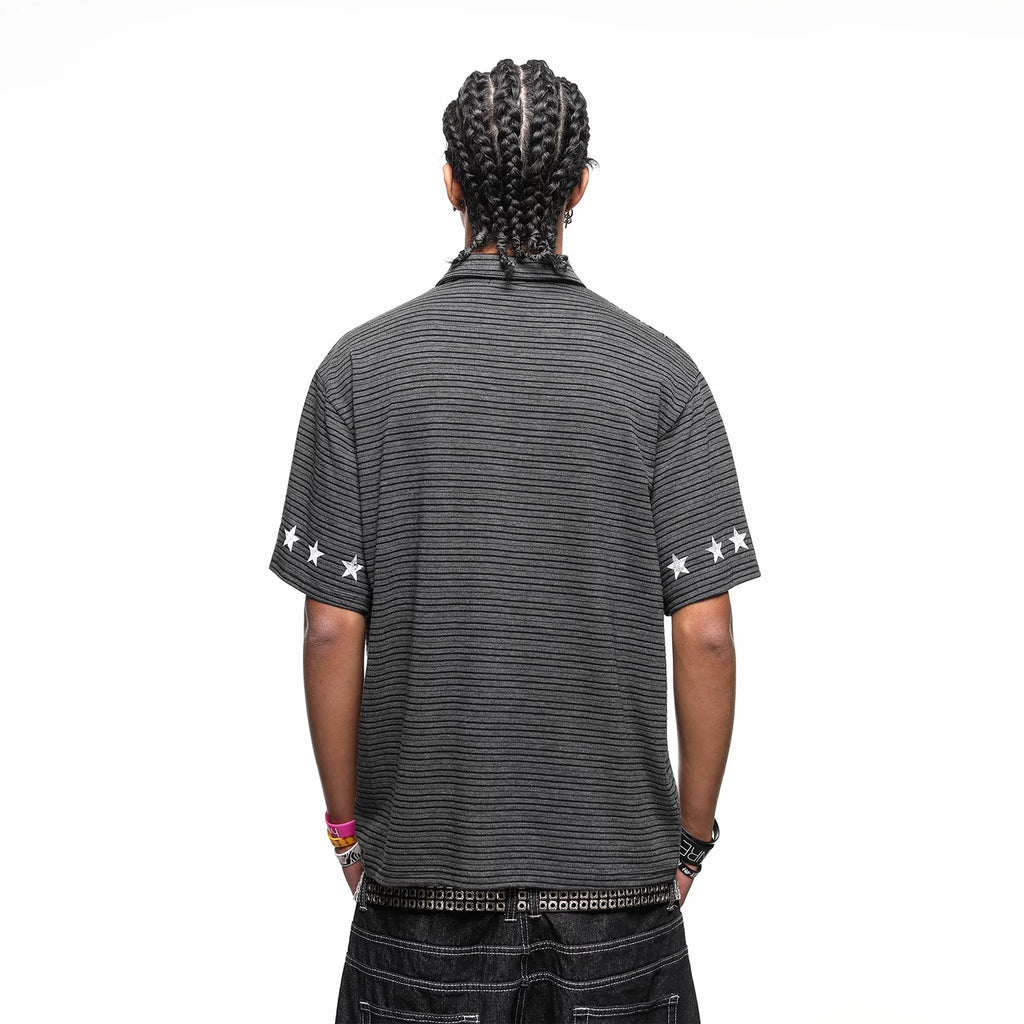 Original Trendy Brand Music Note Star Printed Half Zipper Polo Shirt for Men's Summer Retro Loose Striped Short sleeved T-shirt
