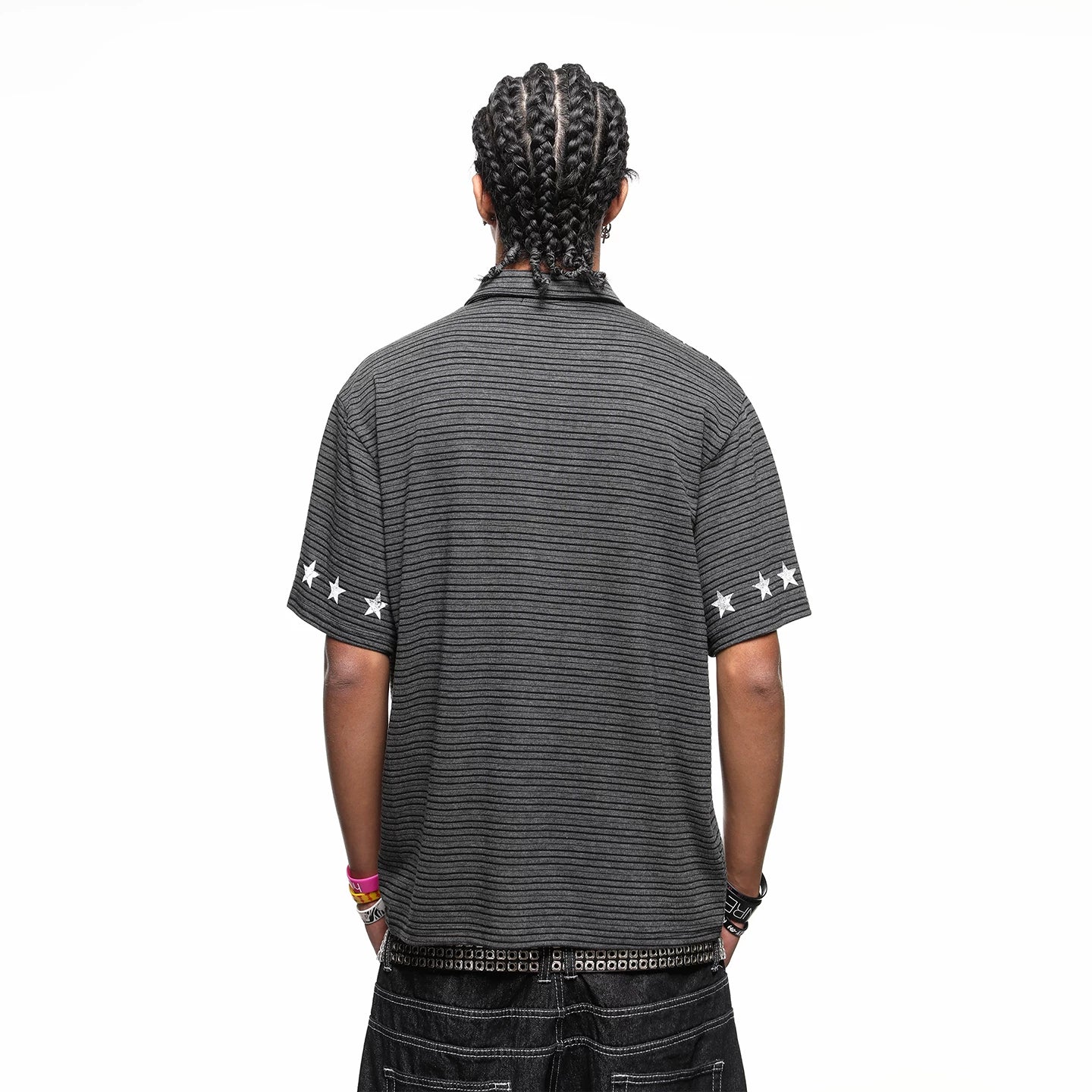 Original Trendy Brand Music Note Star Printed Half Zipper Polo Shirt for Men's Summer Retro Loose Striped Short sleeved T-shirt