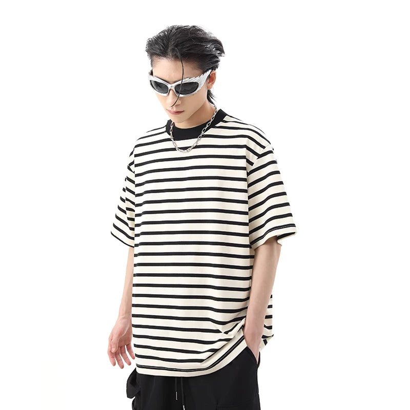 Japanese retro cityboy loose striped short sleeved t-shirt men's summer ins trendy brand small collar couple half sleeved tee