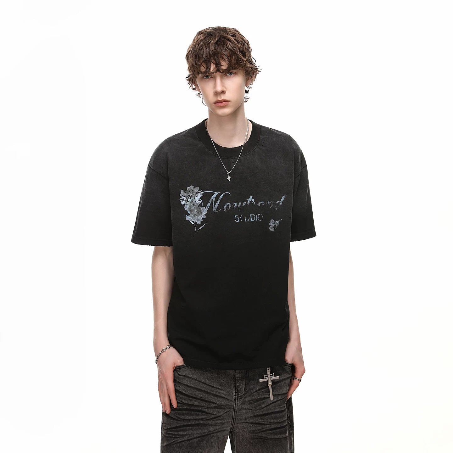 TREND ST Summer Loose Heavy Weight 300g Pure Cotton Short sleeved Men's American Retro Washed Outdated Printed T-shirt