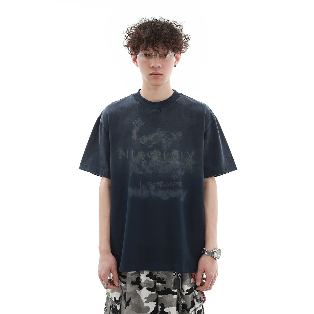 300g heavy-duty wash water gradient small neckline short sleeved T-shirt for men's summer trendy brand, stiff and loose, pure cotton half sleeved T-shirt
