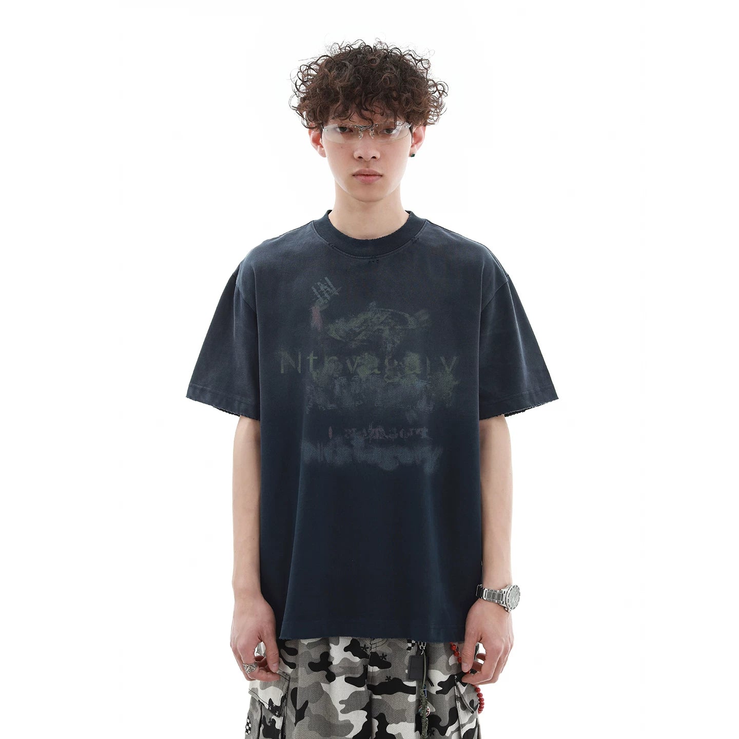 300g heavy-duty wash water gradient small neckline short sleeved T-shirt for men's summer trendy brand, stiff and loose, pure cotton half sleeved T-shirt