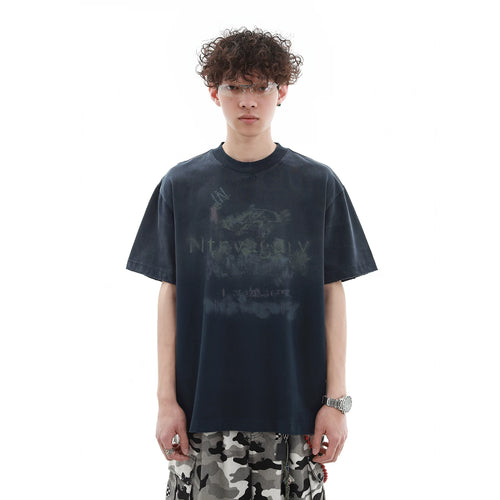300g heavy-duty wash water gradient small neckline short sleeved T-shirt for men's summer trendy brand, stiff and loose, pure cotton half sleeved T-shirt