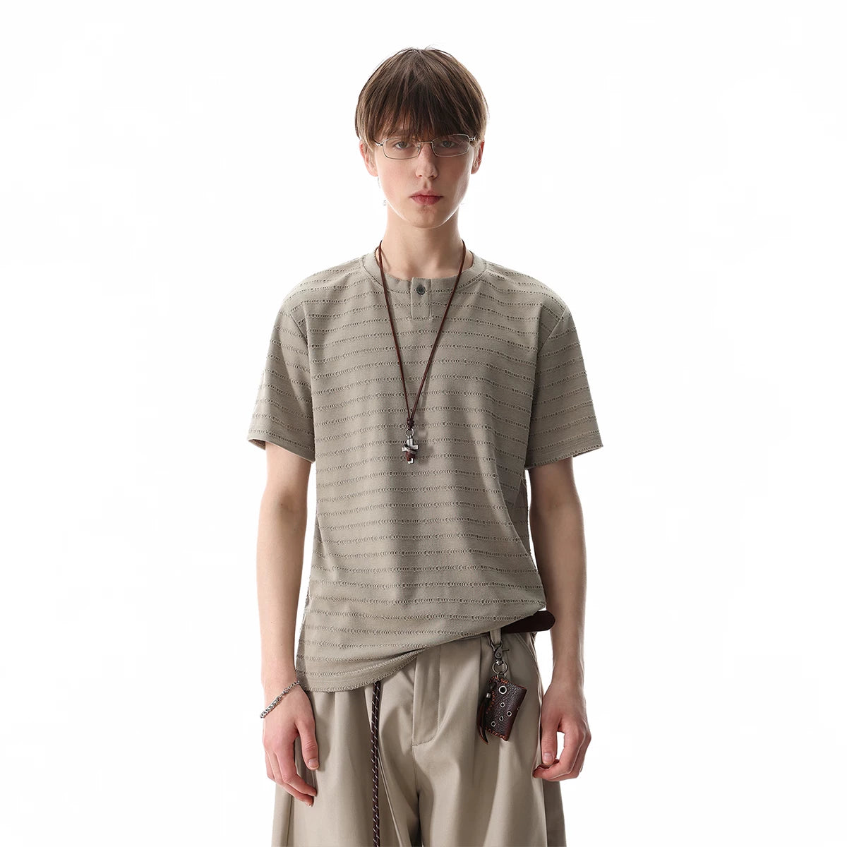 TREND ST cleanfit texture striped short sleeved T-shirt for men's summer light luxury vintage style Henry collar top