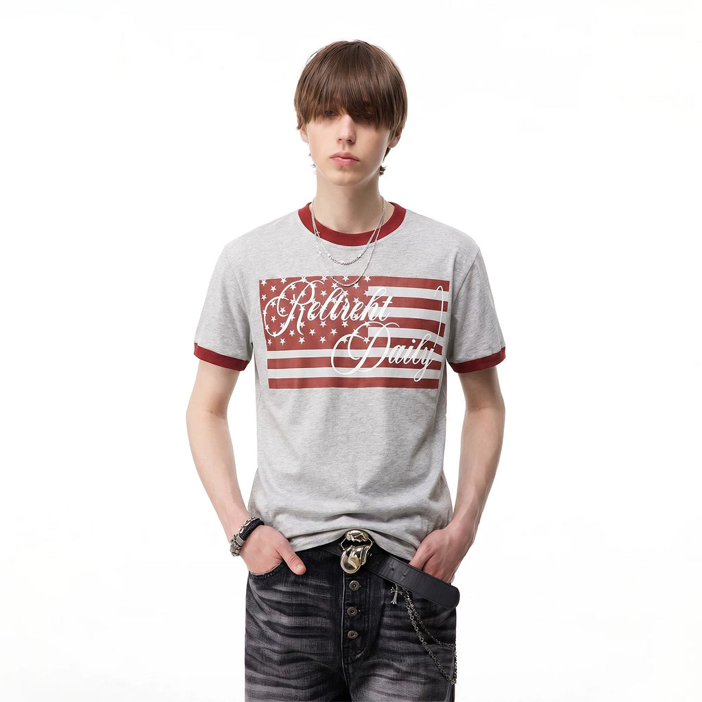 TREND ST American Retro Star Flag Printed Short Sleeve T-shirt Men's and Women's Contrast Round Neck Boxy Short Width Top