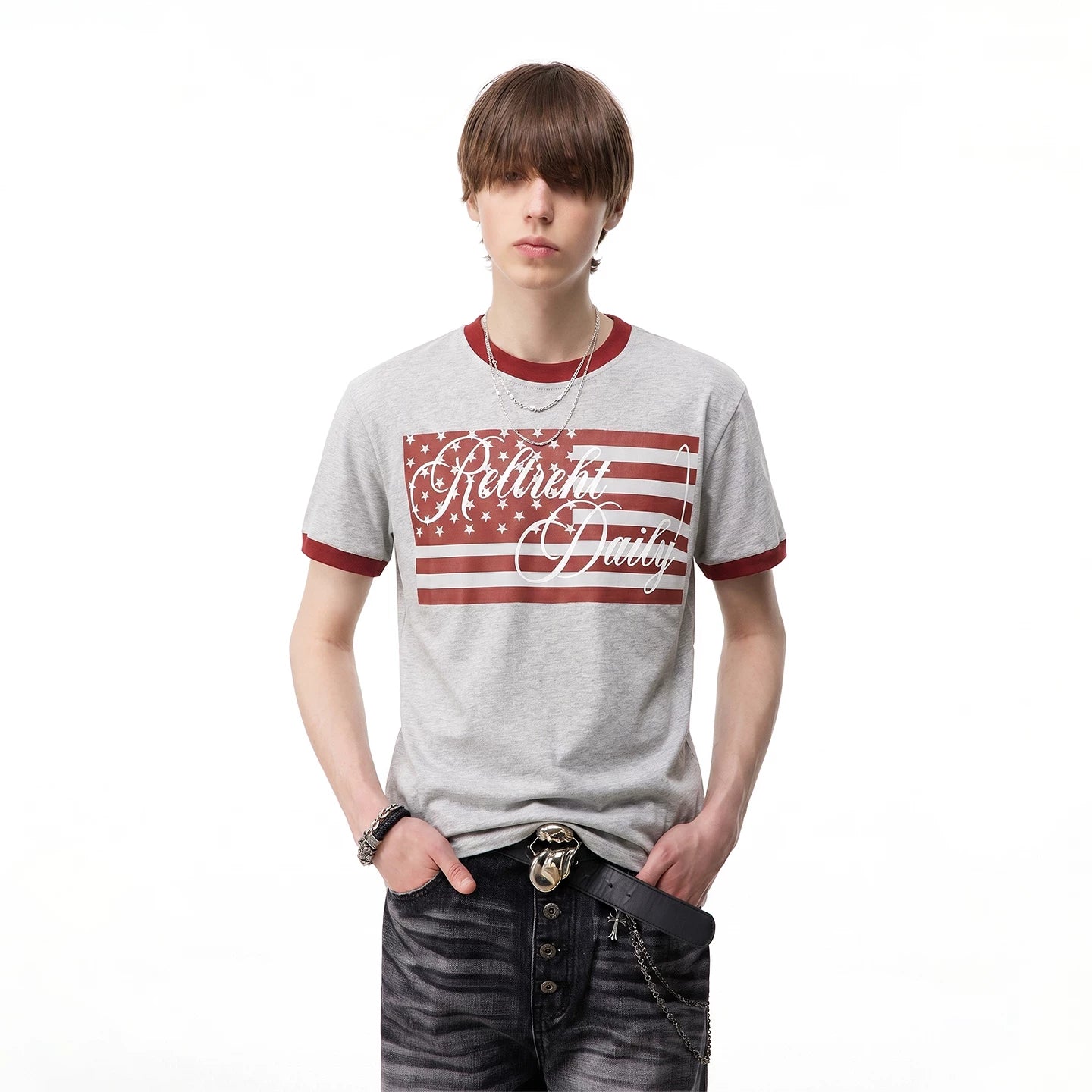 TREND ST American Retro Star Flag Printed Short Sleeve T-shirt Men's and Women's Contrast Round Neck Boxy Short Width Top
