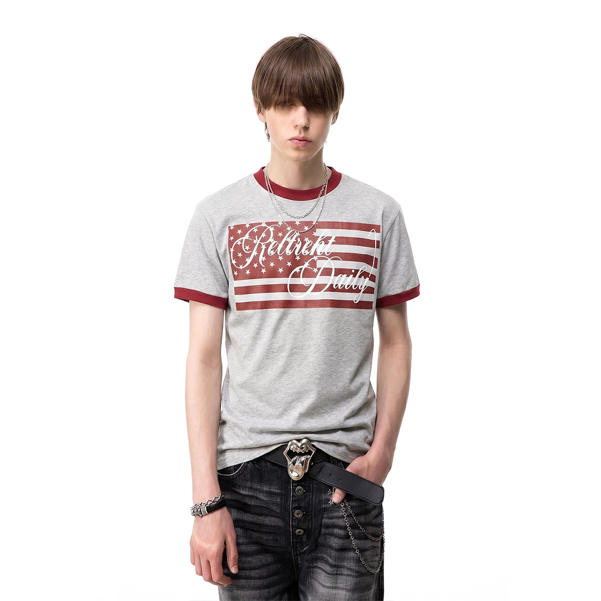 TREND ST American Retro Star Flag Printed Short Sleeve T-shirt Men's and Women's Contrast Round Neck Boxy Short Width Top