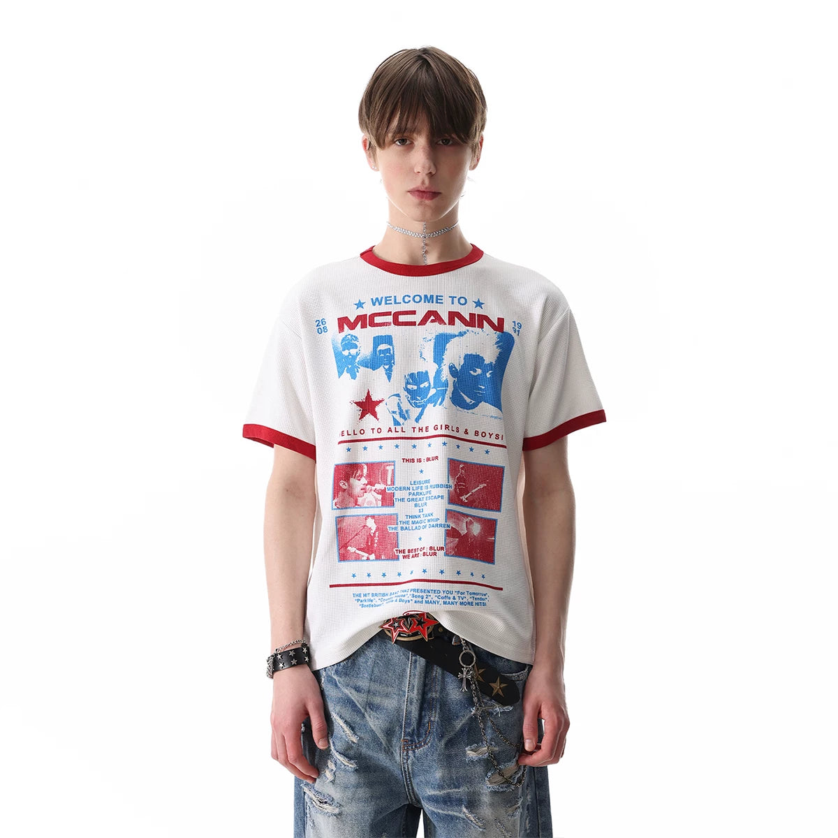 TREND ST Rock Band Character Printed Waffle Short sleeved T-shirt Men's Summer Boxy Version Shoulder Top
