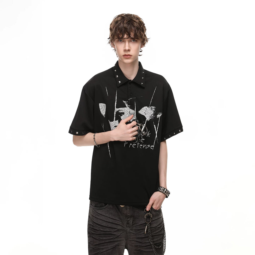 Original Design Light Asian Punk Character Printed Polo Shirt Short Sleeve Men's Summer Retro Loose Rivet Collar T-shirt