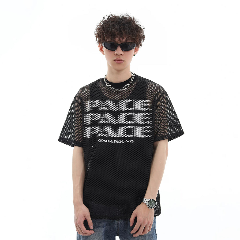 Trend st 25 year summer American fashion brand spider web hollow breathable semi transparent short sleeved T-shirt for couples