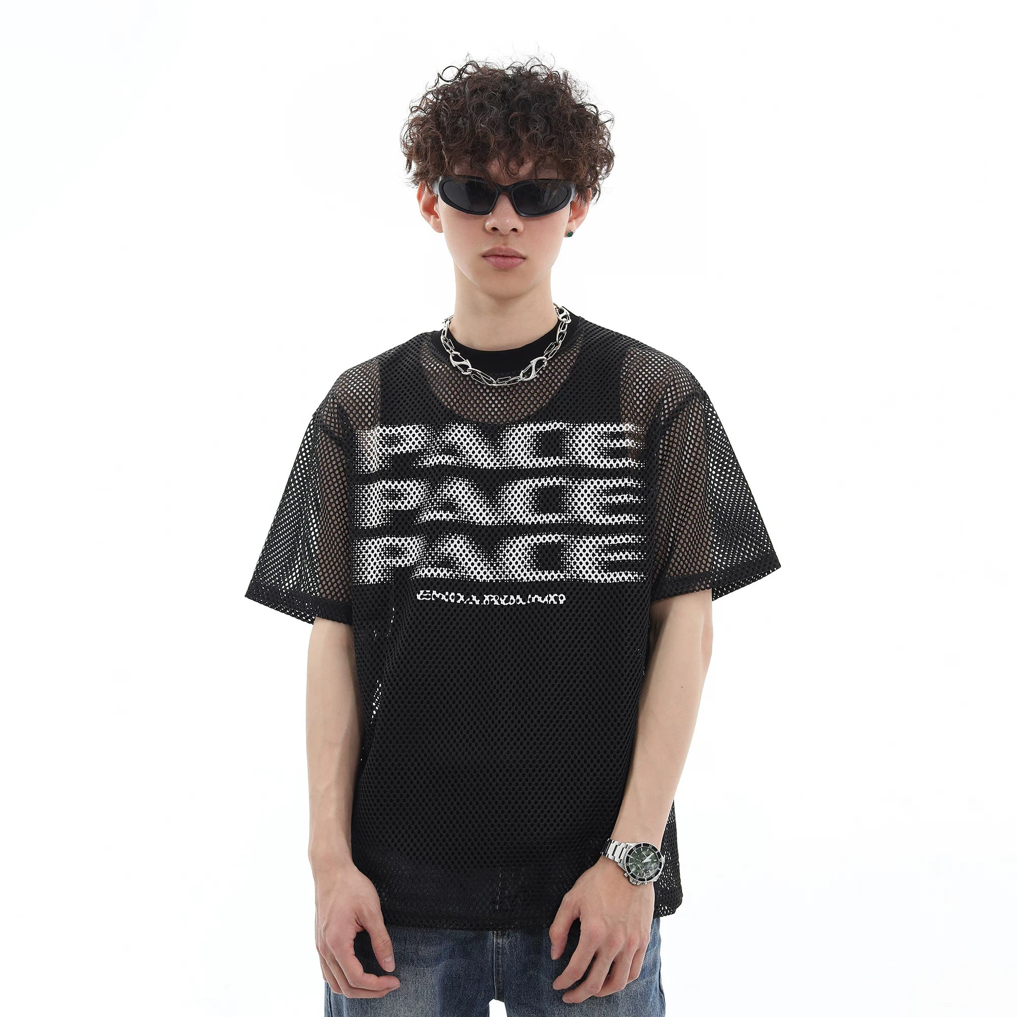 Trend st 25 year summer American fashion brand spider web hollow breathable semi transparent short sleeved T-shirt for couples