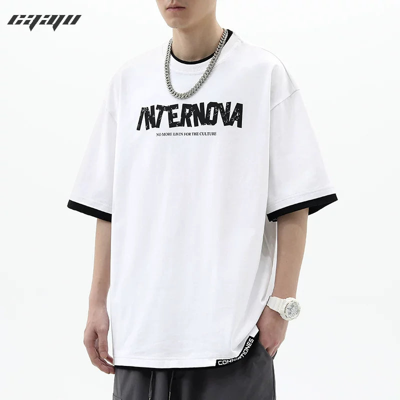 American high street splicing fake two piece short sleeved T-shirt men's summer trendy brand print loose couple layered half sleeved top