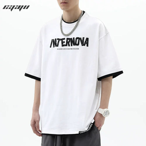 American high street splicing fake two piece short sleeved T-shirt men's summer trendy brand print loose couple layered half sleeved top