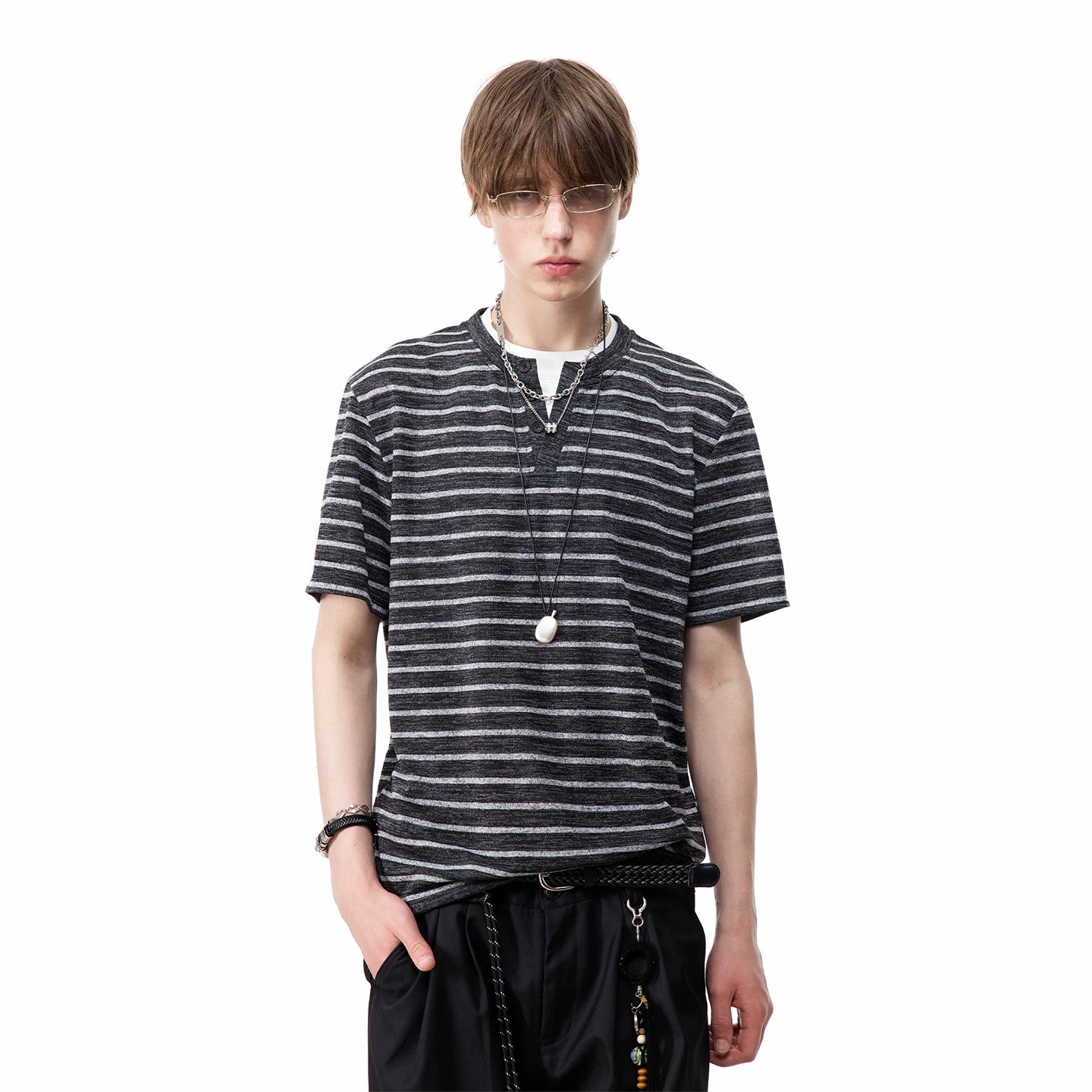 TREND ST Summer Vacation Two Piece Striped Knitted Short Sleeve T-shirt for Men, American Retro Loose Couple Half Sleeve TEE