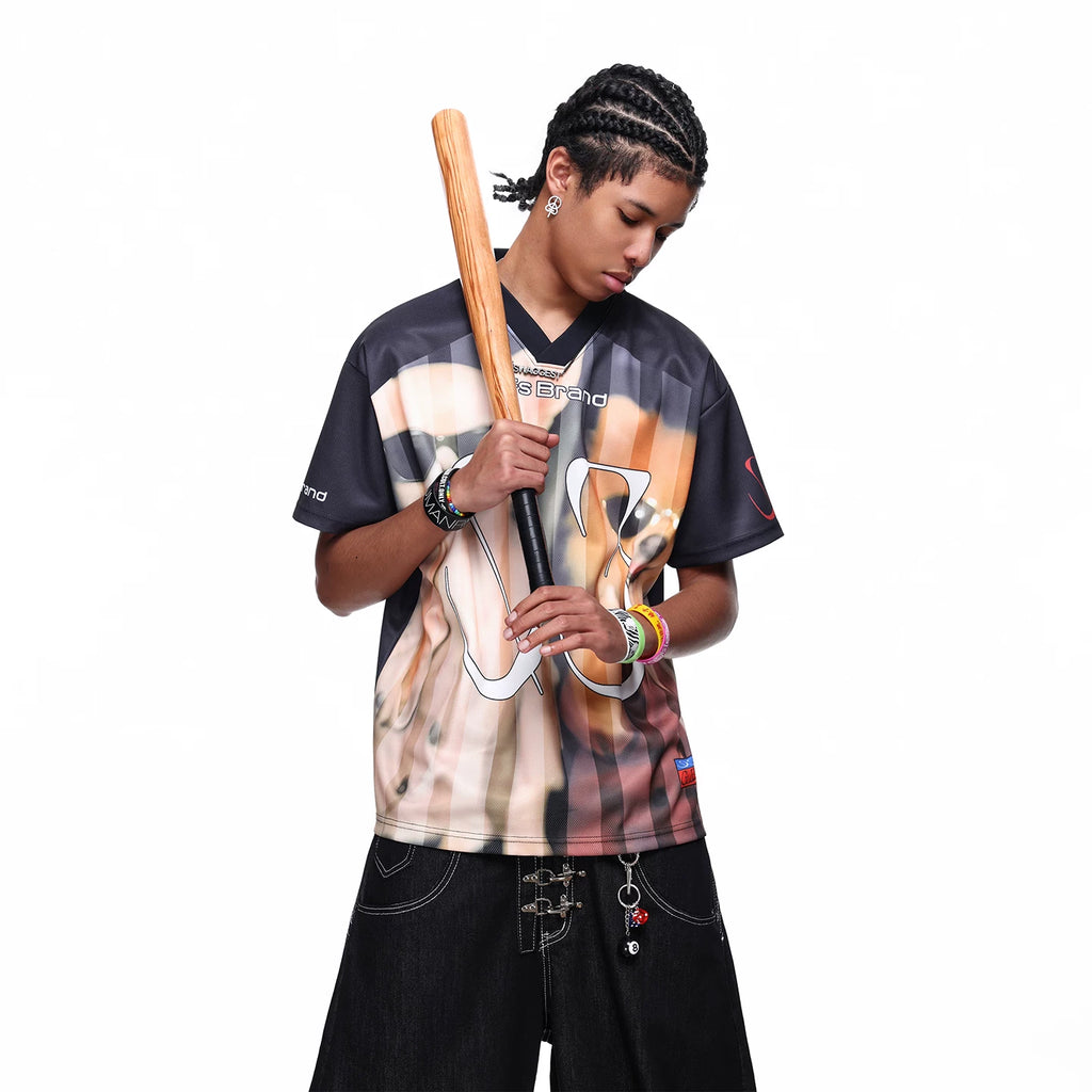 TREND ST trendy American V-neck sports jerseys for men and women, summer dog print short sleeved t-shirts, loose baseball jerseys