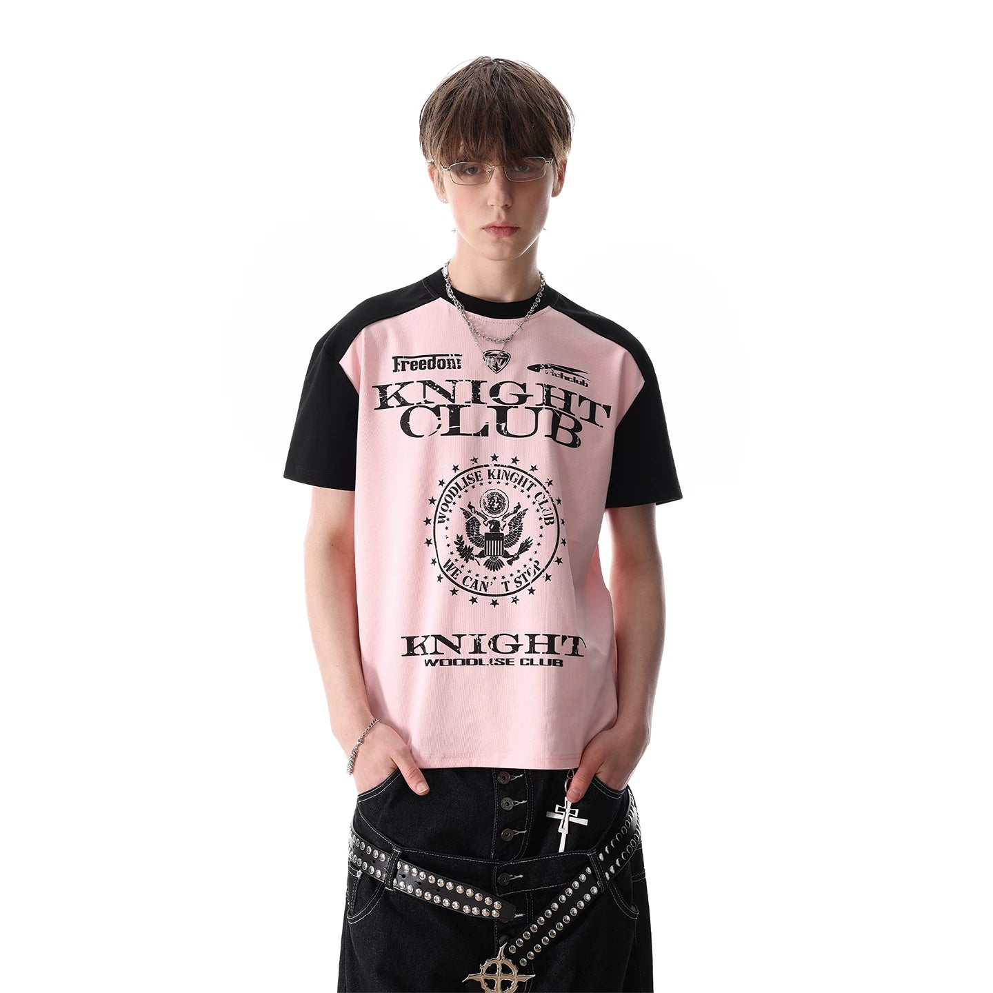 TREND ST light Asian style letter print contrasting front shoulder t-shirt short sleeved men's and women's summer boxy version short top