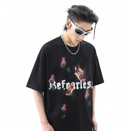 American street flame rose print short sleeved T-shirt for men's summer fashion trend, loose half sleeved couple T-shirt
