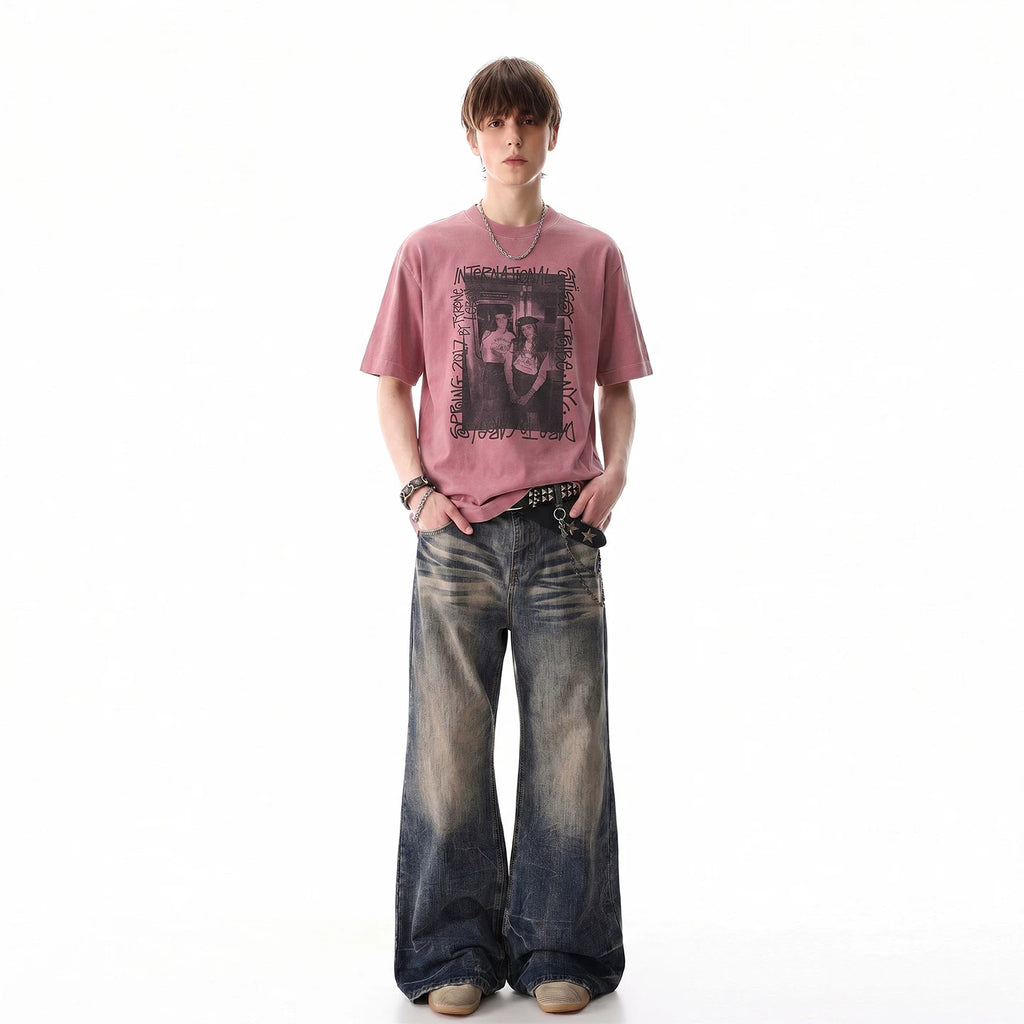 Light Asian Street Punk Vintage Character Printed Short Sleeve T-shirt for Men's Trendy Summer Loose Heavy Cotton Half Sleeve T-shirt