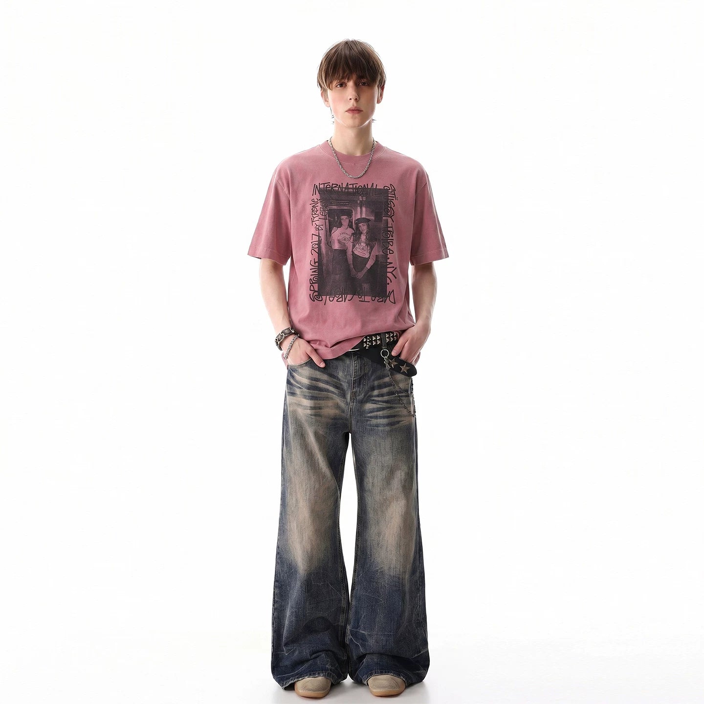 Light Asian Street Punk Vintage Character Printed Short Sleeve T-shirt for Men's Trendy Summer Loose Heavy Cotton Half Sleeve T-shirt