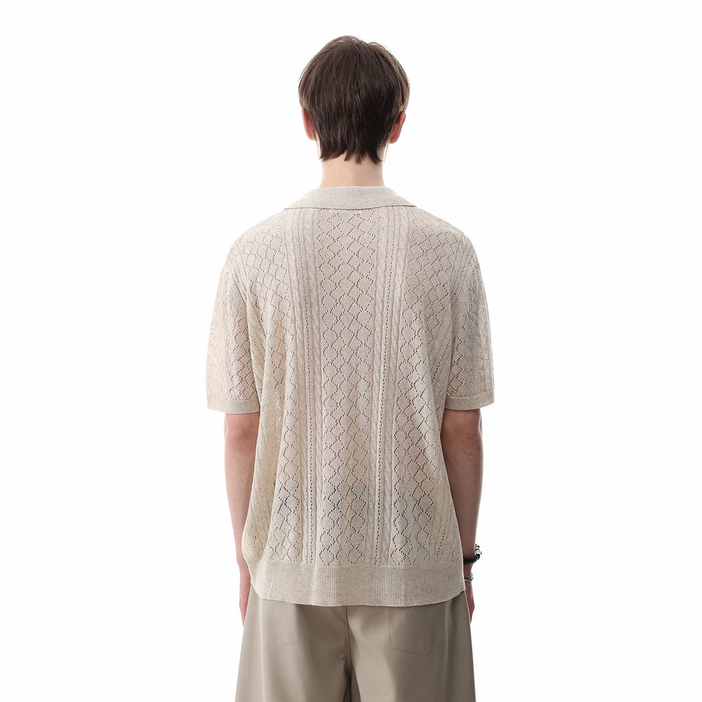 TREND ST Linen Old Money Style Hollow Jacquard Short Sleeve Polo Shirt for Men, Summer Short Width Breathable Knitted T-shirt