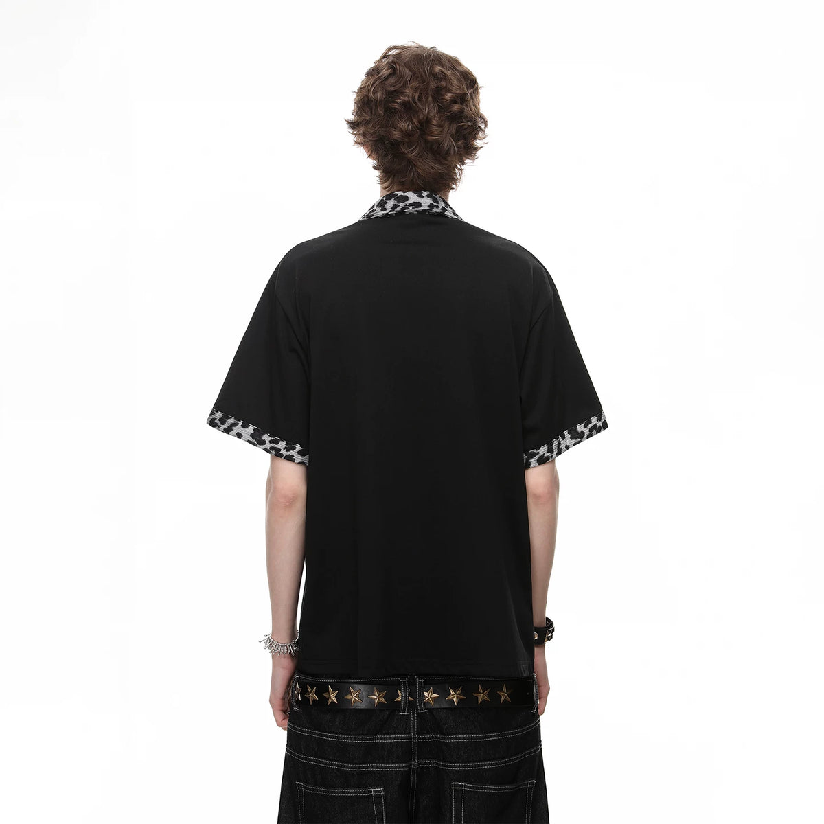 Trendy block American retro leopard print patchwork lapel T-shirt short sleeved men's summer loose goat print polo shirt
