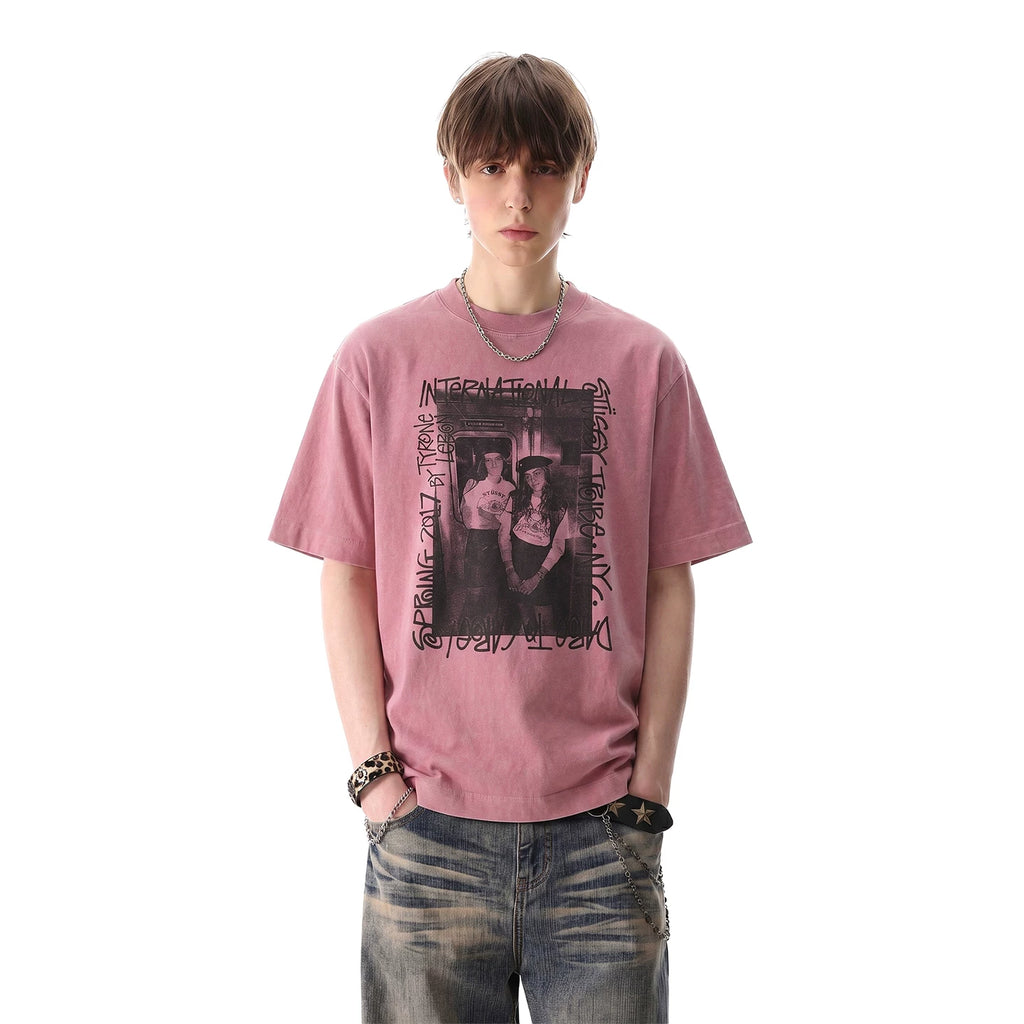 Light Asian Street Punk Vintage Character Printed Short Sleeve T-shirt for Men's Trendy Summer Loose Heavy Cotton Half Sleeve T-shirt