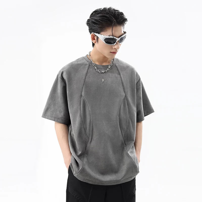 High street niche design suede short sleeved t-shirt men's summer American deconstructive reflective strip loose couple T-shirt