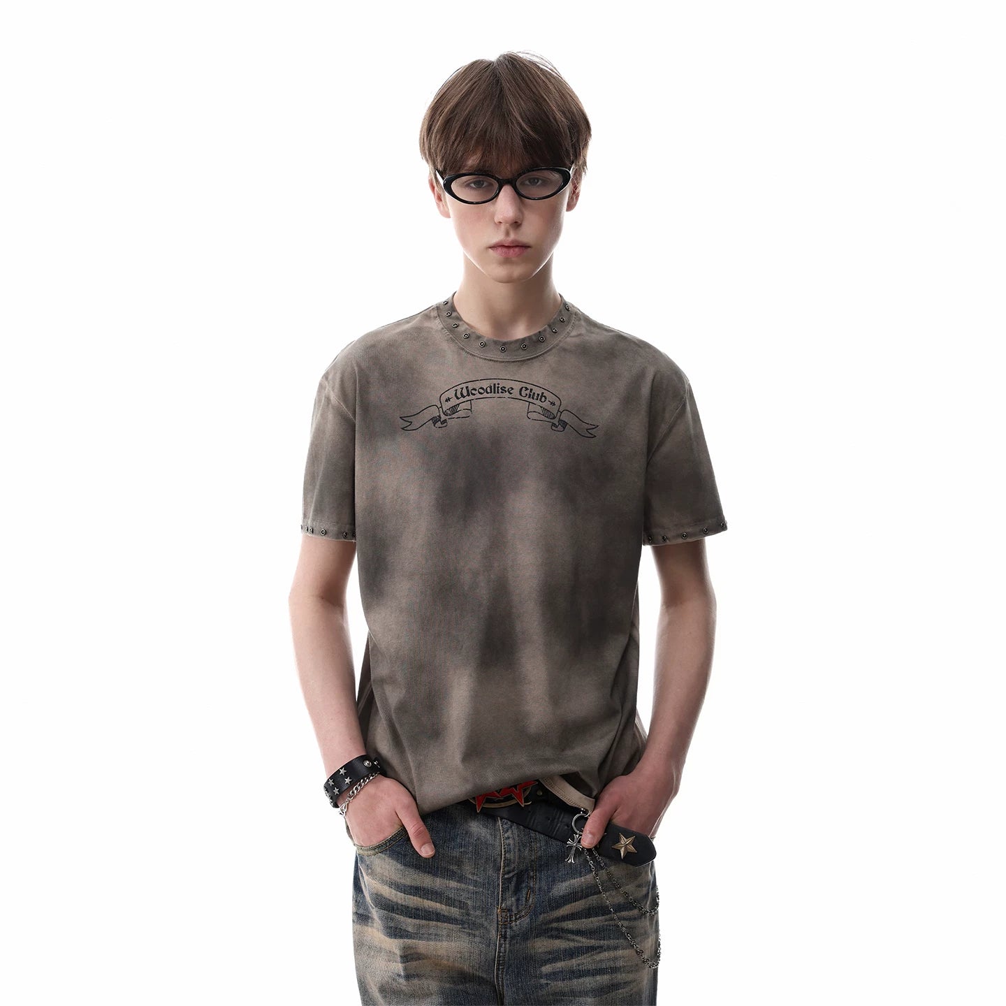 Visual style light Asian style vintage tie dye printed short sleeved men's summer shoulder boxy version rivet punk T-shirt