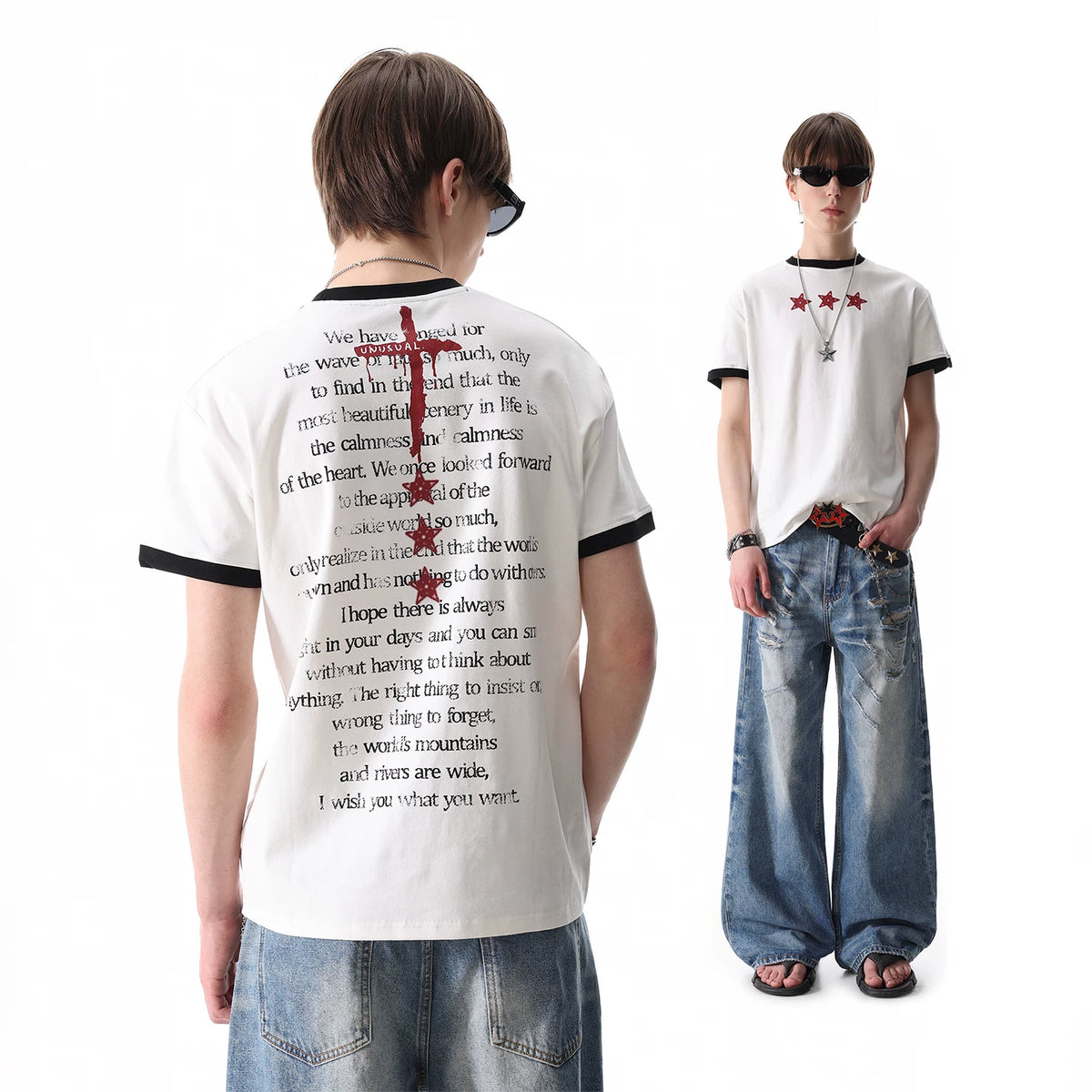 TREND ST American Street Letter Printed Short sleeved T-shirt Men's and Women's Contrast Round Neck Light Asian Boxy Shoulder Top