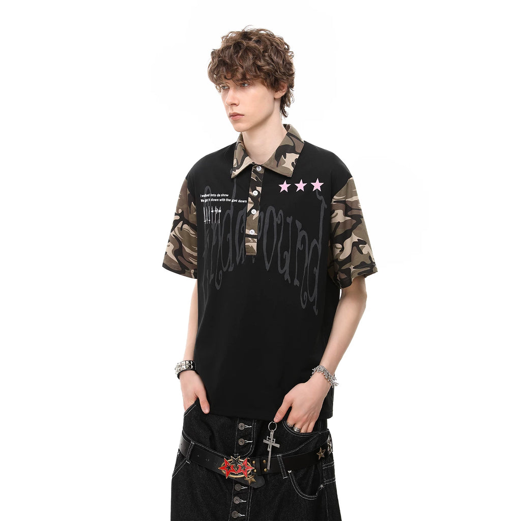 Vintage American style trendy camouflage patchwork short sleeved T-shirt for men, summer loose casual couple polo shirt top