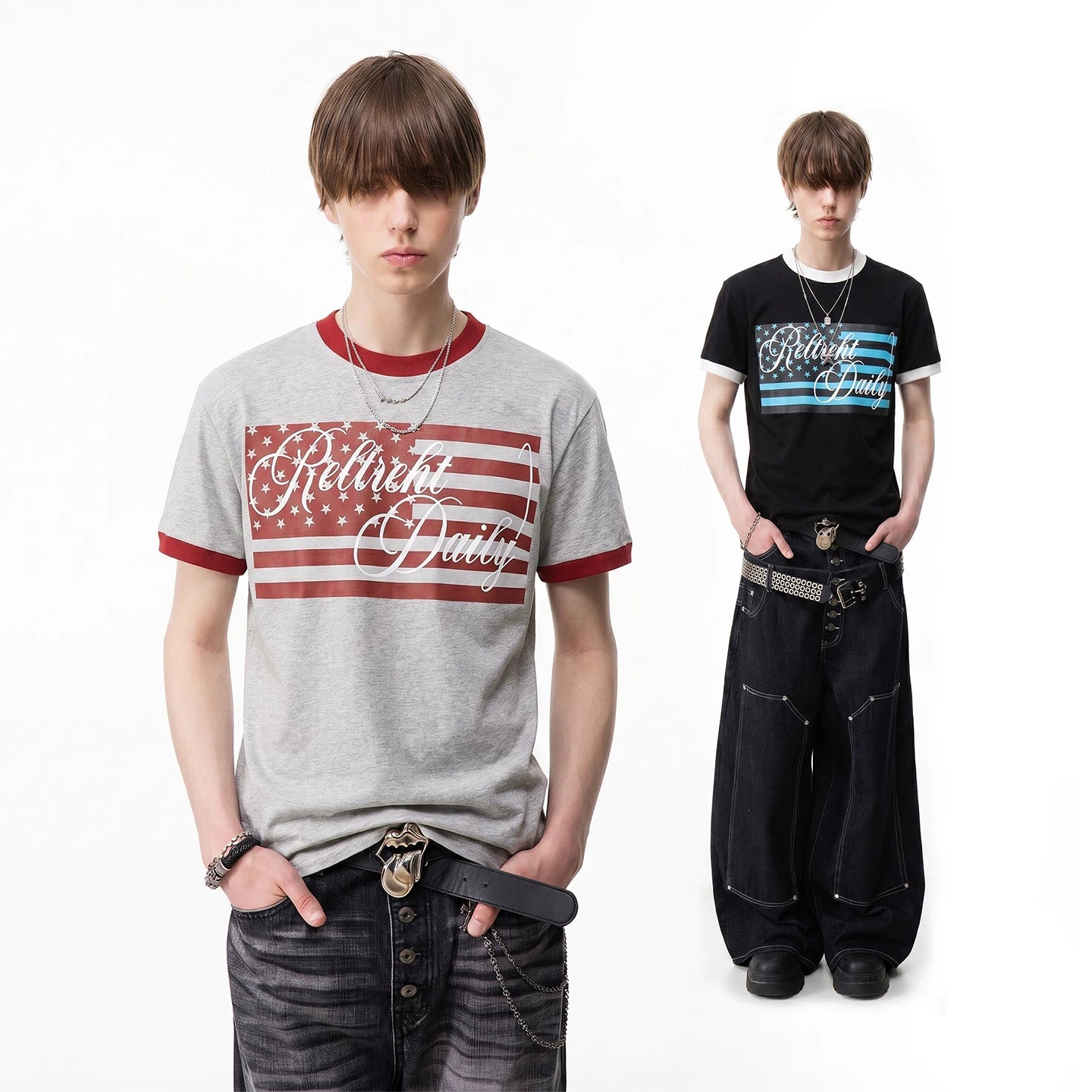 TREND ST American Retro Star Flag Printed Short Sleeve T-shirt Men's and Women's Contrast Round Neck Boxy Short Width Top