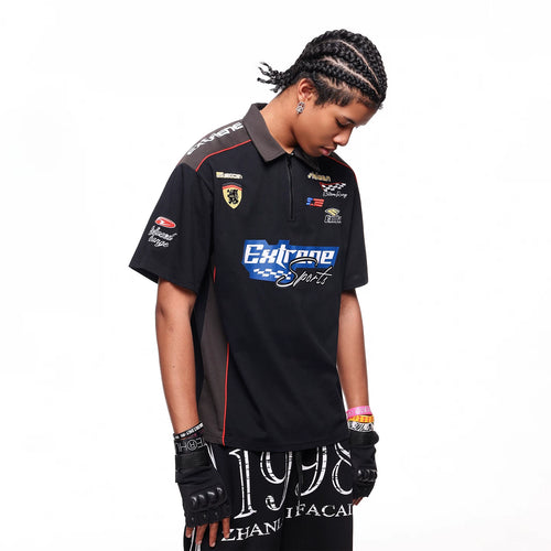 American high-end racing suit with half zipper collar T-shirt, men's summer loose design, embroidered polo shirt, short sleeved