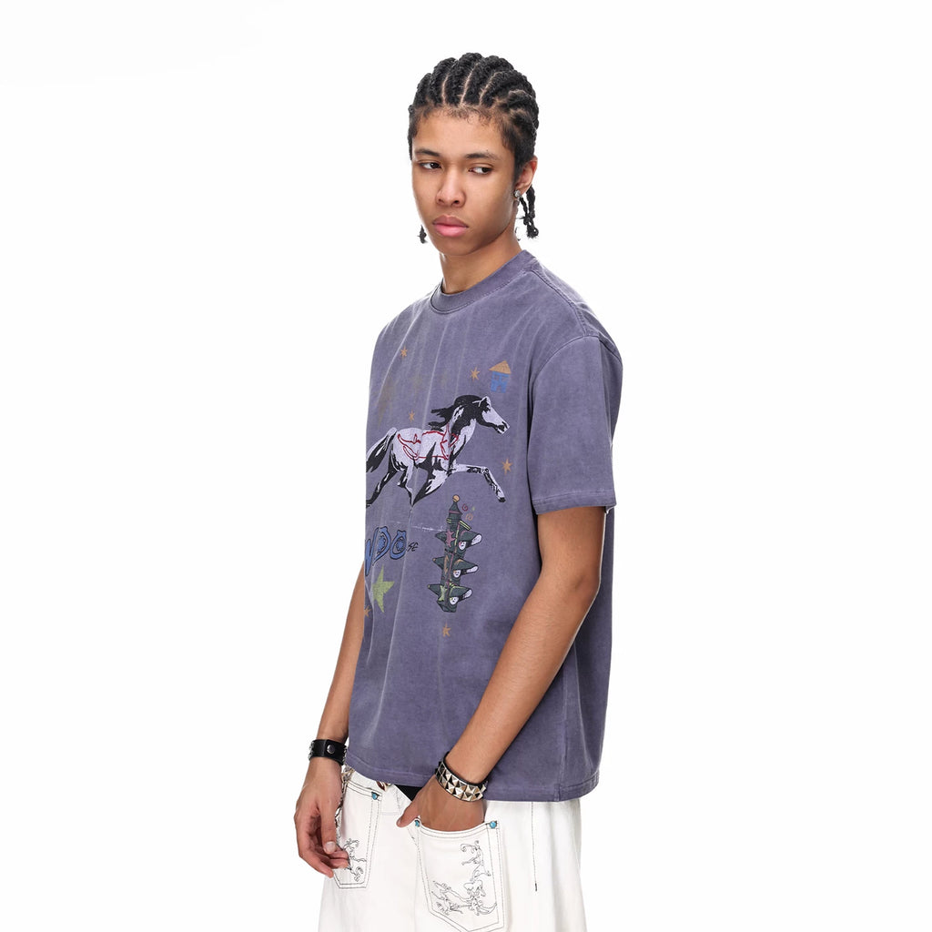 Vintage washed vintage printed short sleeved T-shirt with the theme of 'galloping horse', suitable for both men and women in summer, loose and casual couple's T-shirt