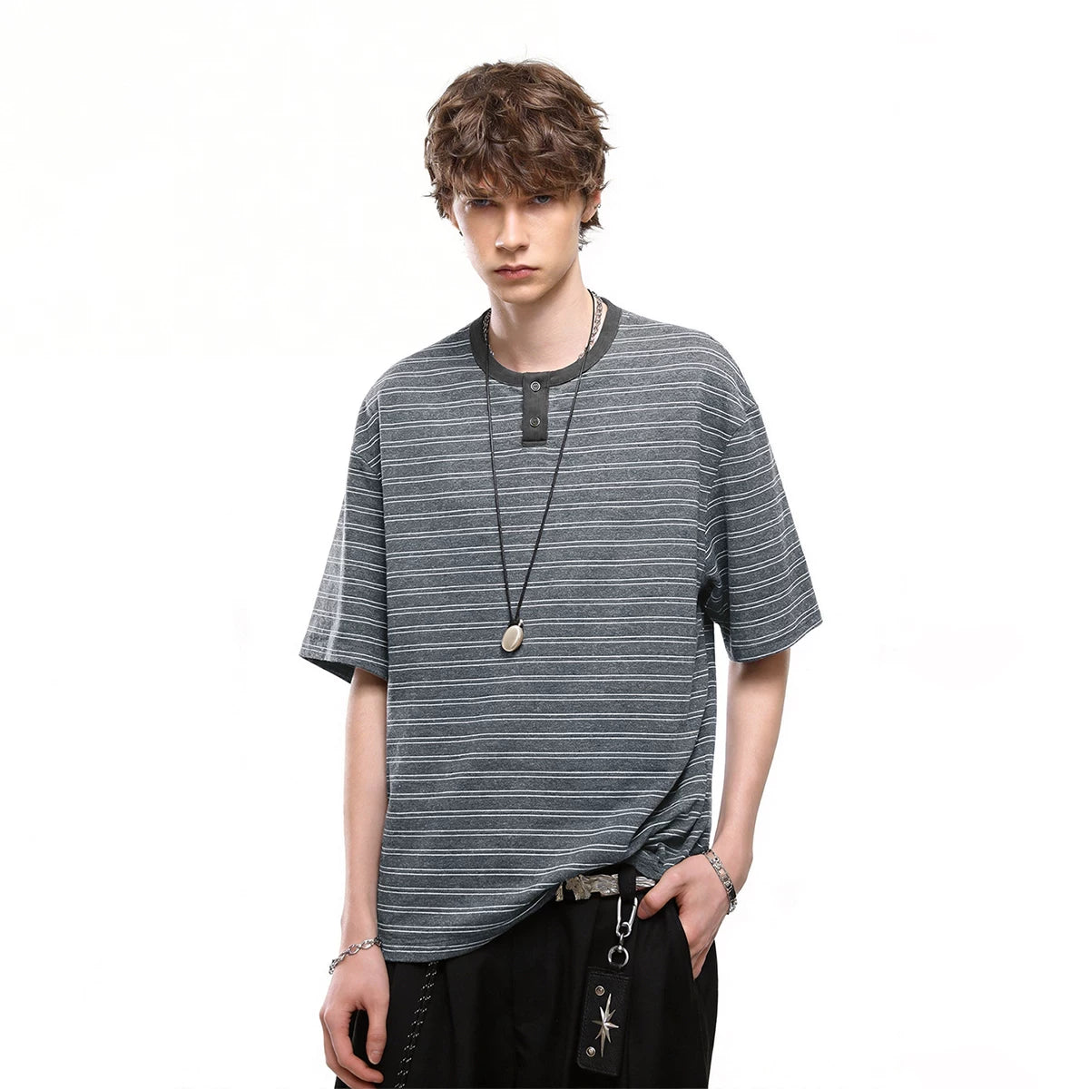 Trendy block American retro striped Henry collar short sleeved T-shirt men's summer loose couple T-shirt old money style top